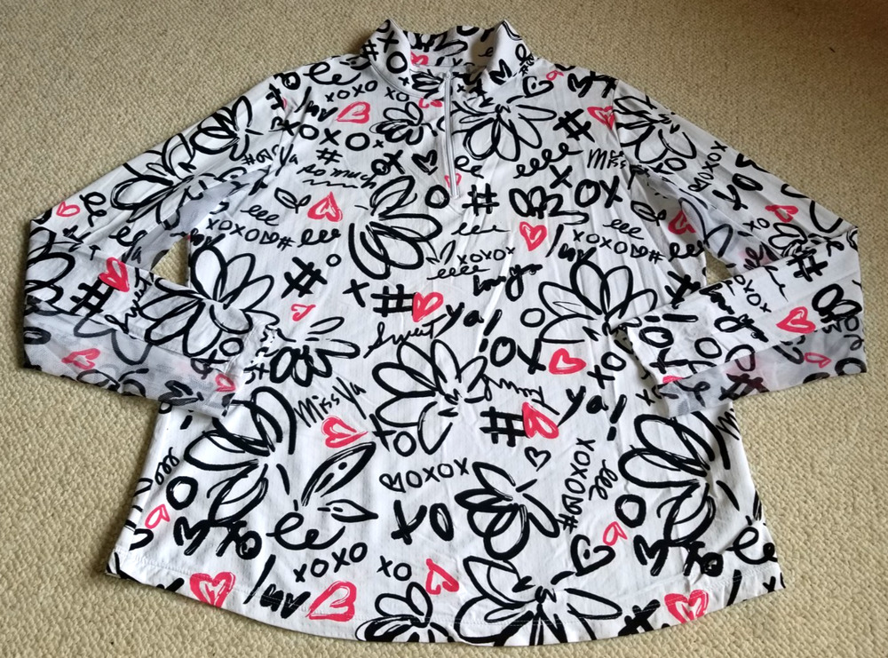 Womens Top-IBKUL-GOLF-white/black/pink floral 'Luvya Graffiti' 1/4 zip ls-XL